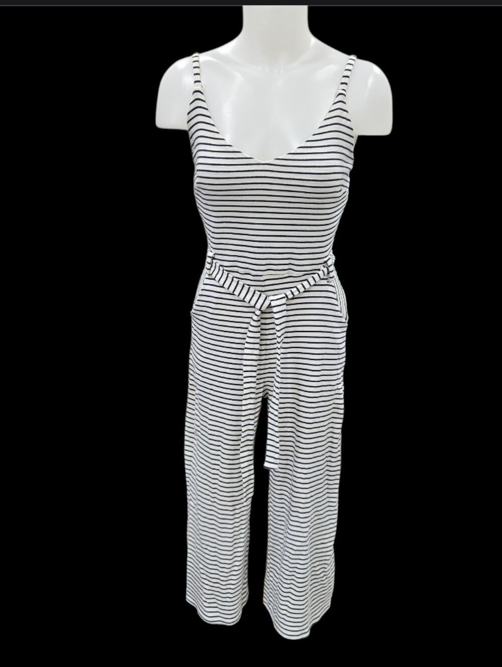 Monteau Cream Navy Blue Stripe Knit Tank Strap Jumpsuit Crop Sz S Belt Stretchy